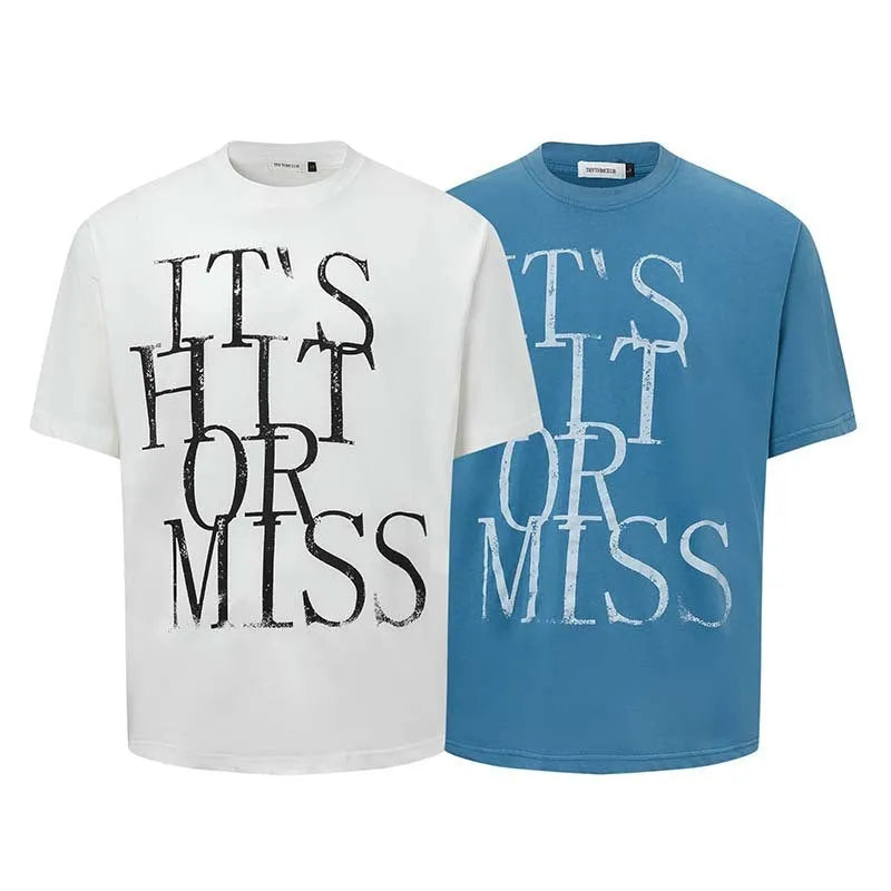 Men's blue loose fit t-shirt with large white American-style letter print on the chest.
