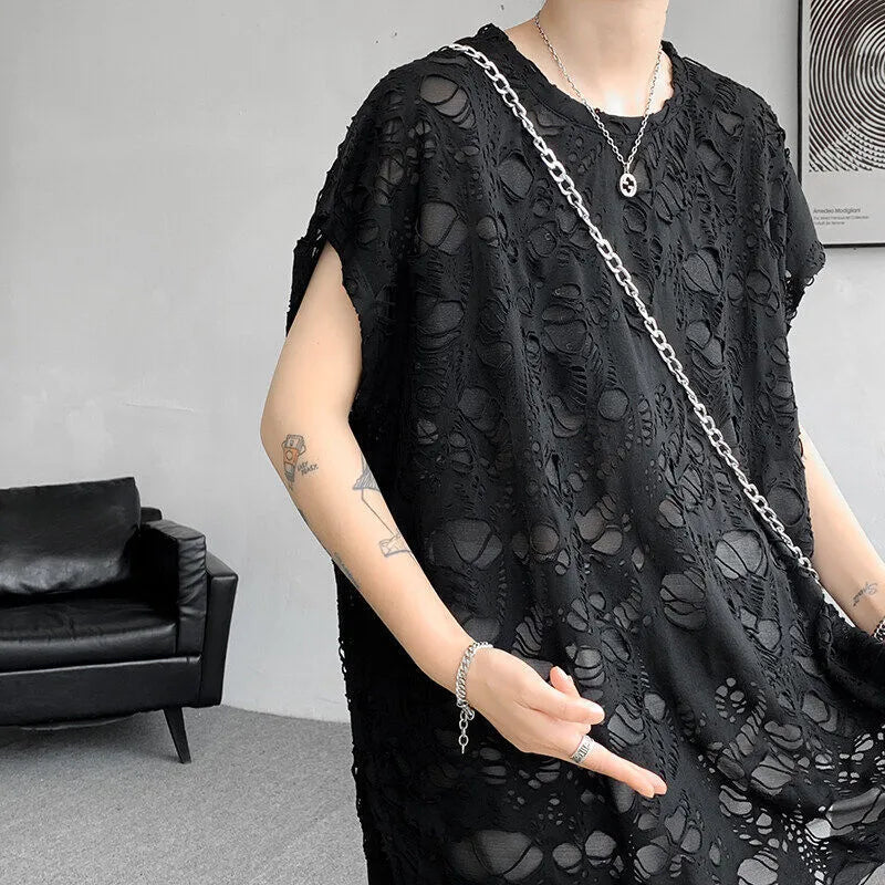 Black ripped beggar sleeveless wide shoulder vest loose pullover Japanese retro hole design polyester fibre top
