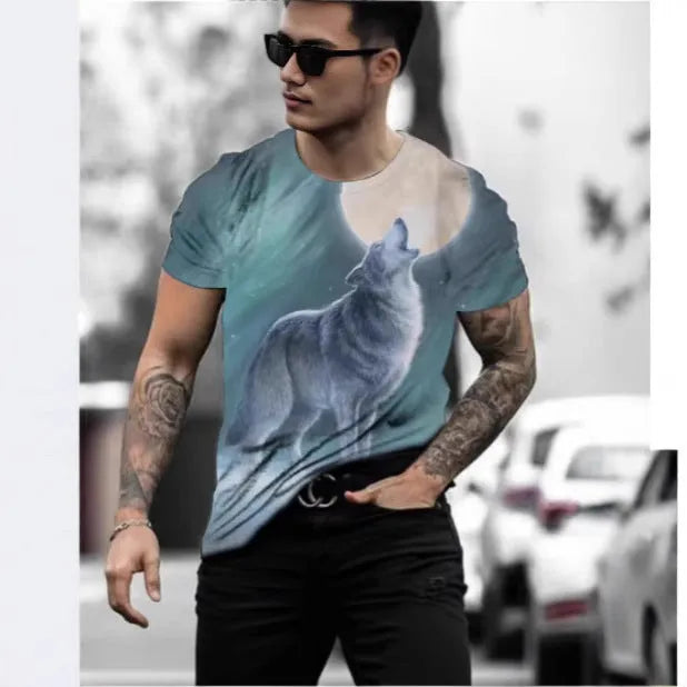 Man wearing a short-sleeved grey t-shirt with a detailed retro 3D digital print of a wild animal on the front.