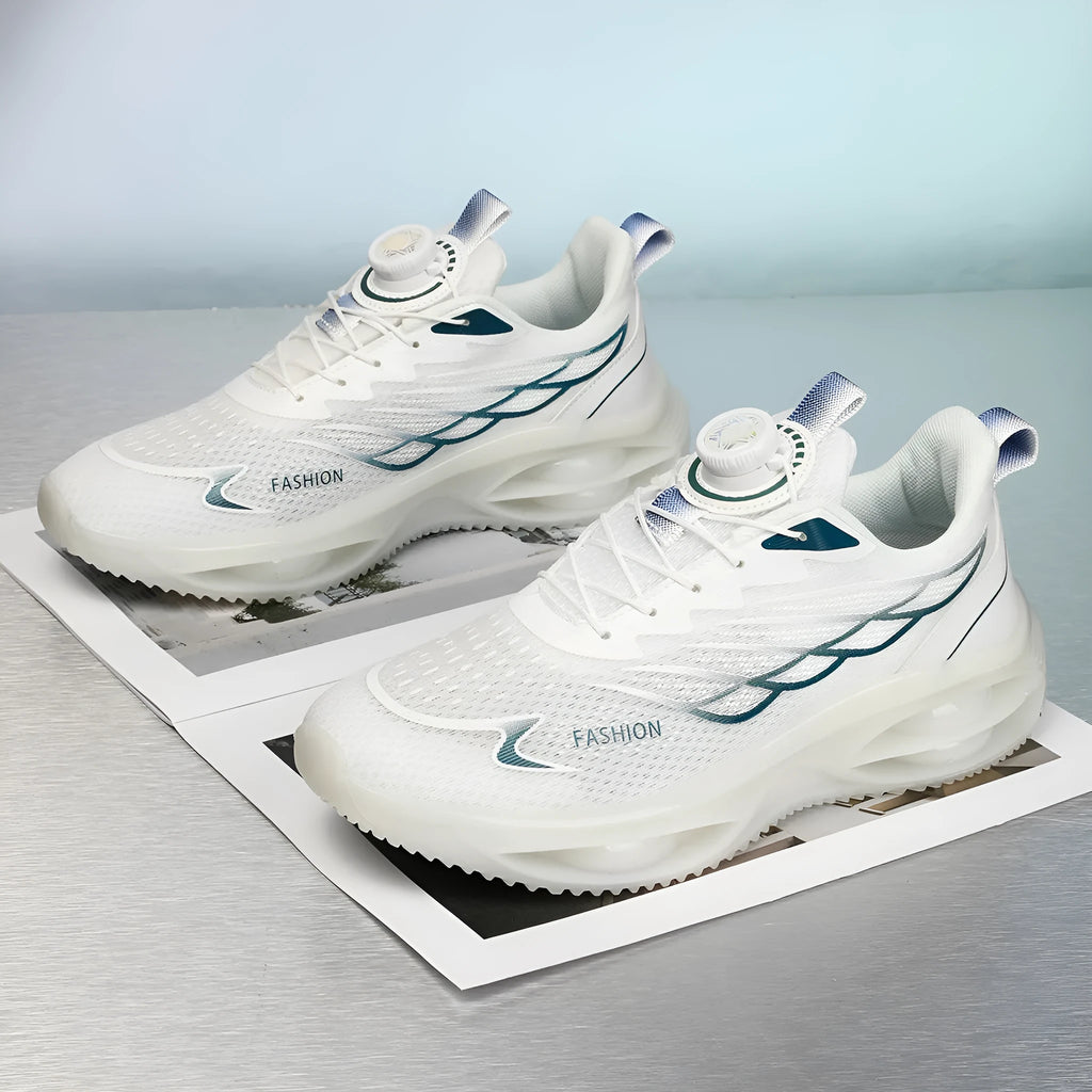 Unisex casual running shoe in white with PU mesh upper, rubber sole, and front lace-up.
