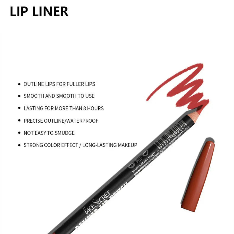Lip liner pencil in a matte finish shown with swatches of its 14 natural wood-toned shades.
