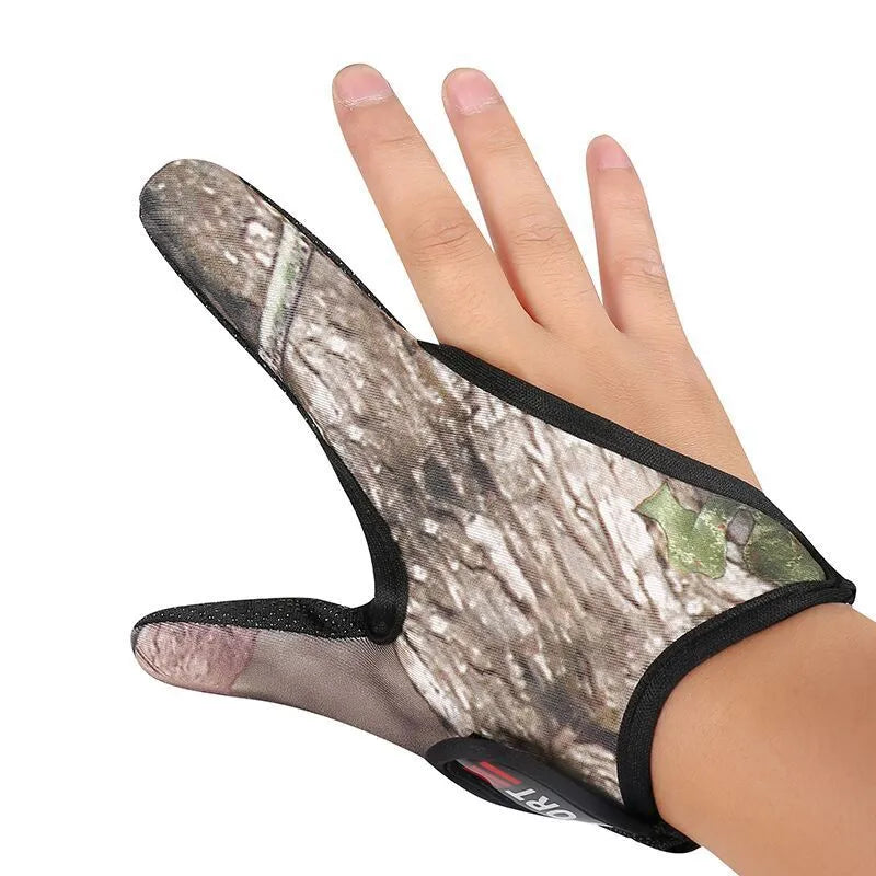 Two finger fishing glove showing diving cloth back and microfiber palm for tackle handling