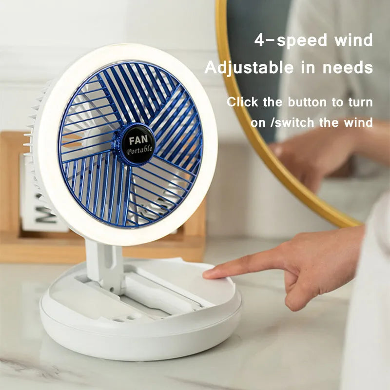 USB charging foldable table fan with LED light in blue, showing 4 speed settings and 300° rotation for home cooling