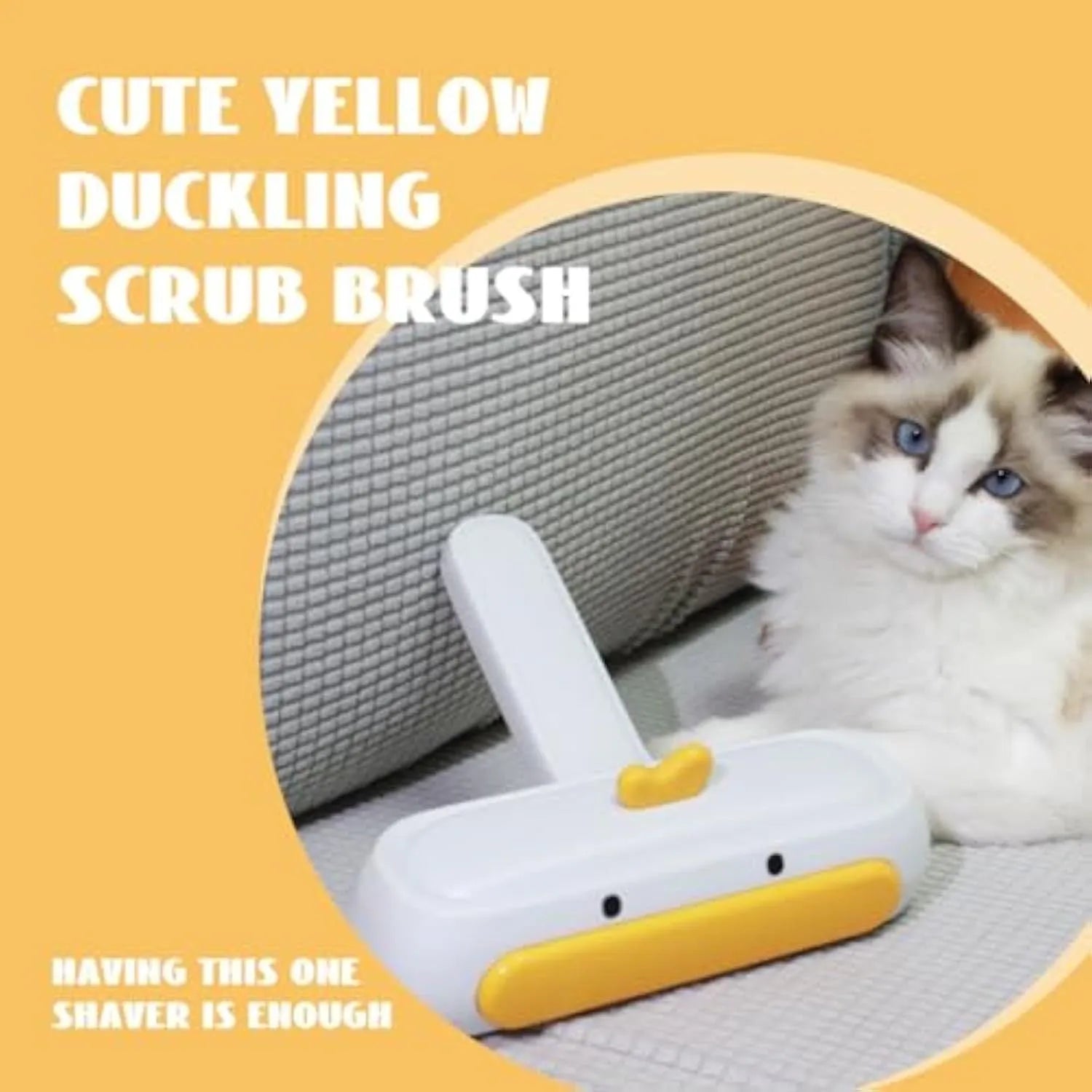 Yellow duck cartoon-style portable pet hair remover with plastic body and bristles.