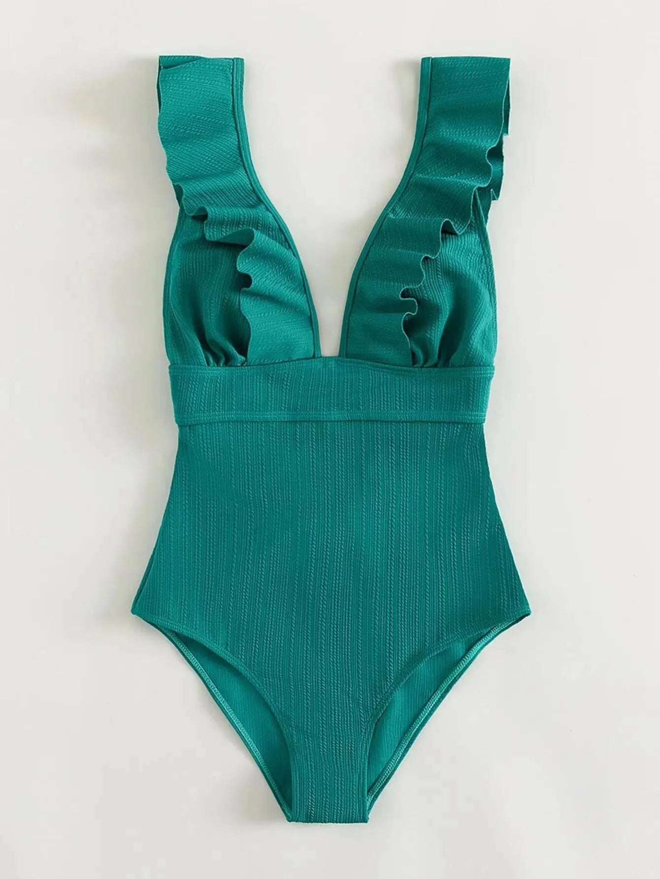 Women's one-piece swimsuit with ruffled shoulder straps and back lace in black