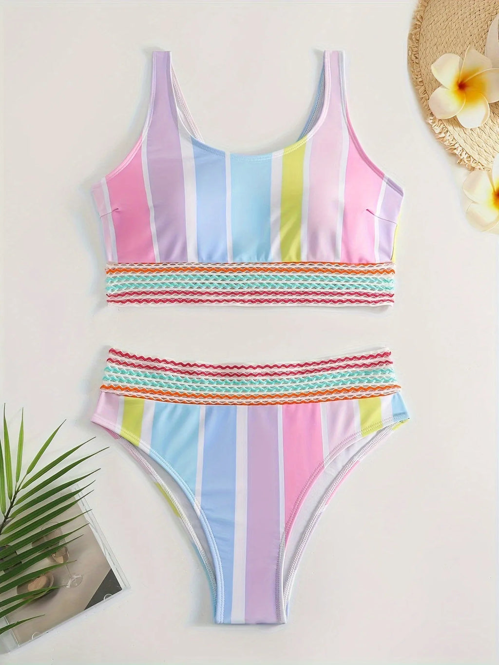 Women's striped bikini swimwear set with top and briefs for swimming and water sports