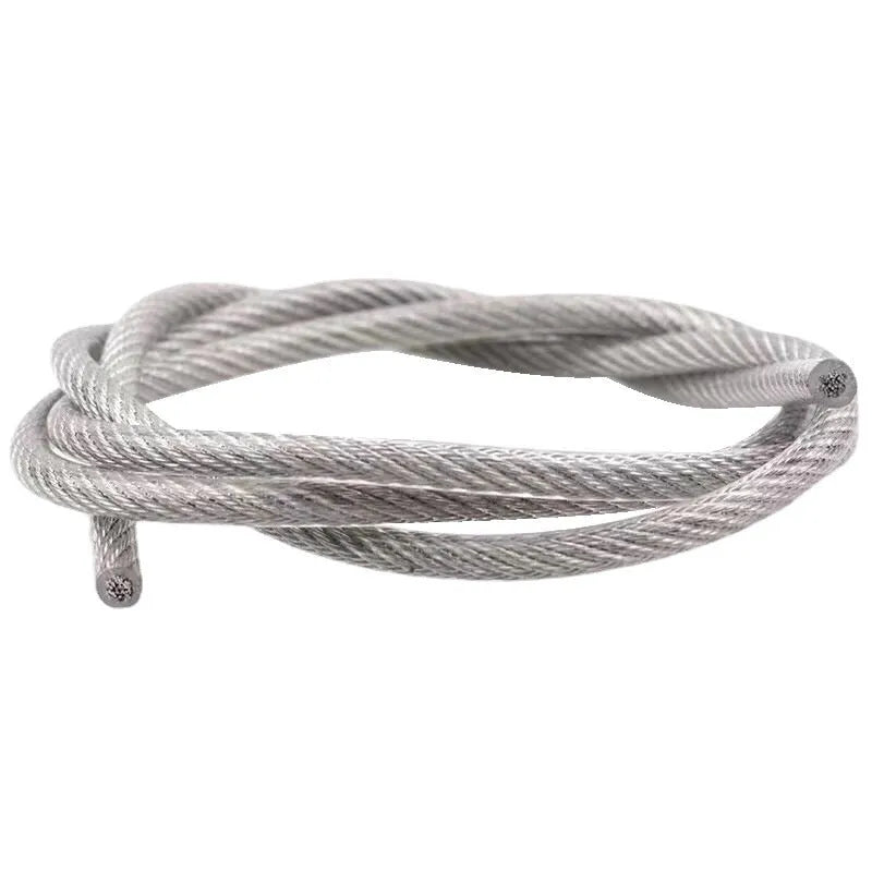 Coil of 304 stainless steel multi-strand security cable on a white background