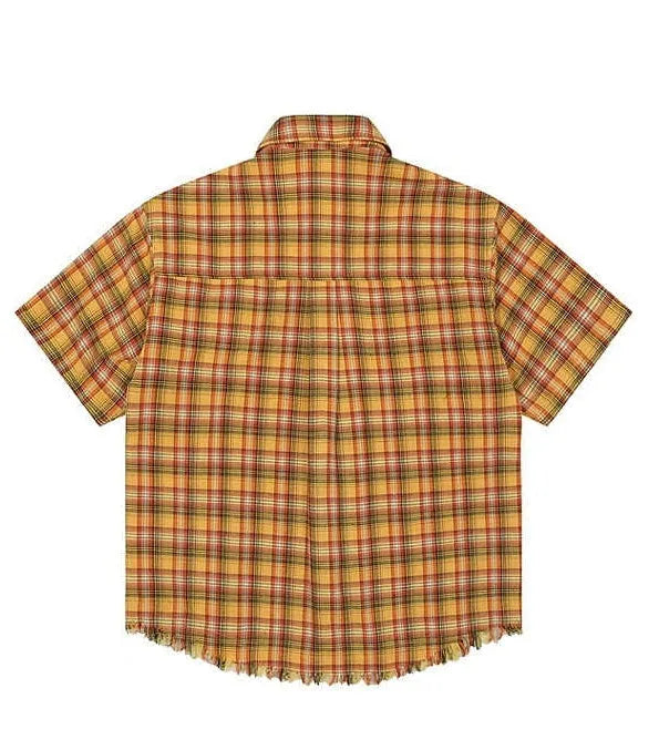 Yellow check patterned short sleeve plaid shirt with embroidered chest pocket detail