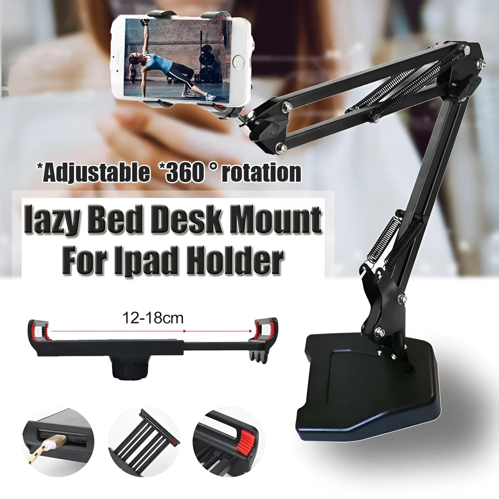 Universal mobile phone holder with metal bracket, 23cm arm, 60cm height, heavy plastic base, 360-degree ball head, for iPad Mini and iPhone desktop bed stand