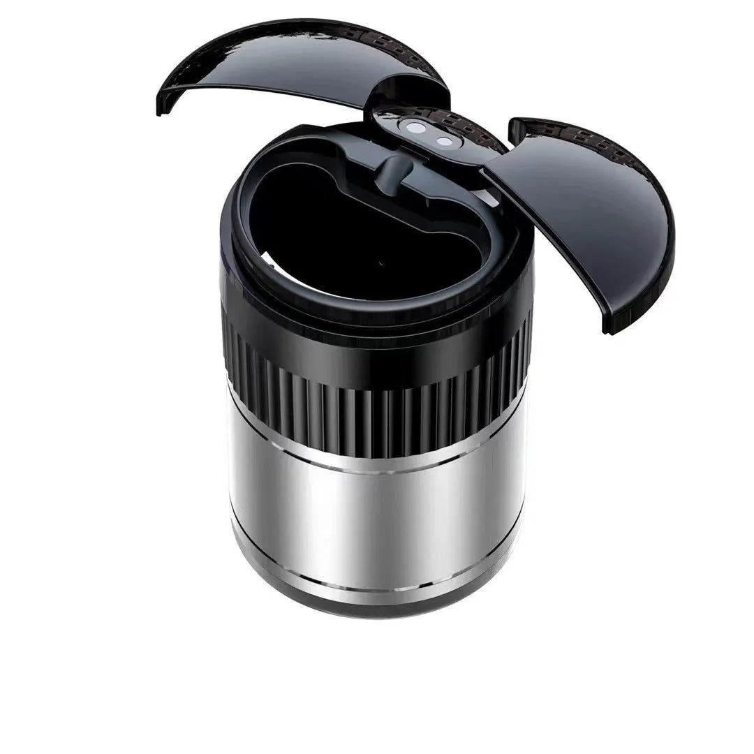 Automatic metal car ashtray with lid showing black, green, red, and silver colour options.