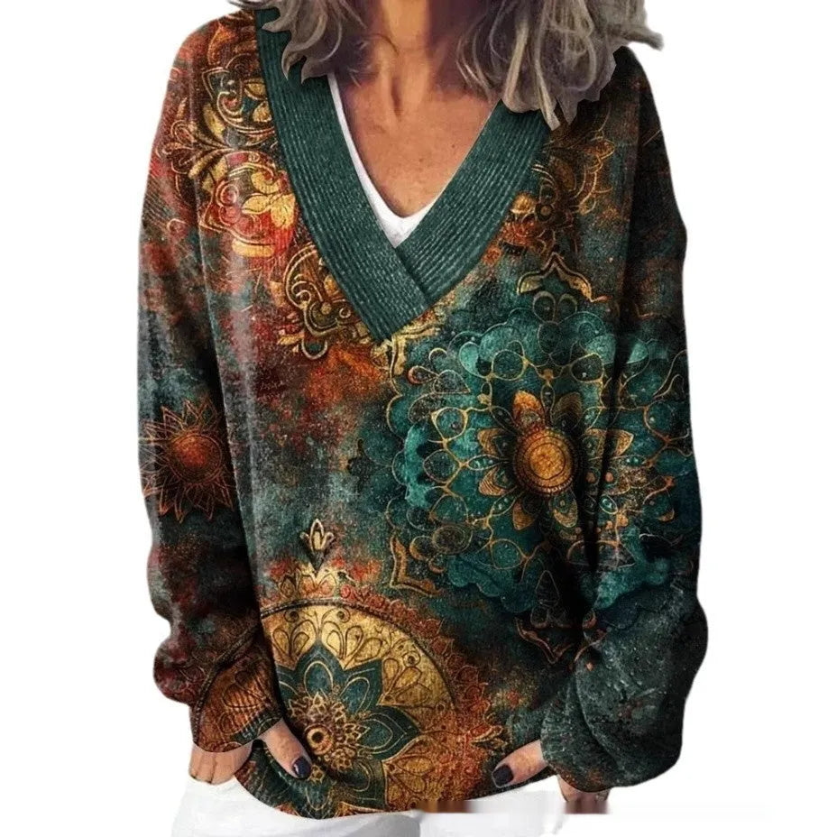 Women's V-neck long sleeve sweatshirt with a 3D floral print in an art retro style.