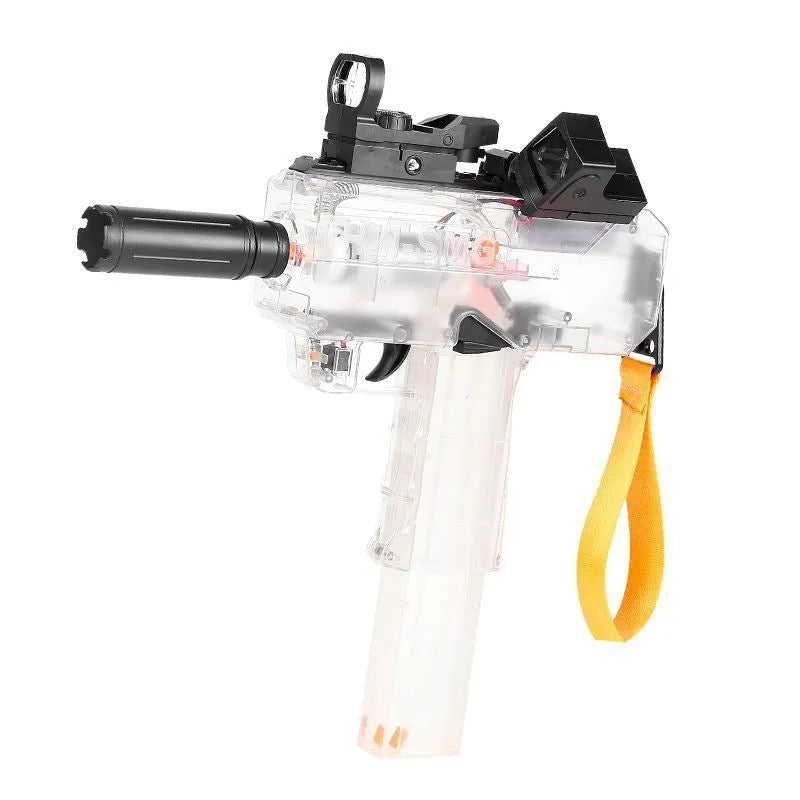 Uzi electric burst water gun in blue with transparent shell, 35ft range, rechargeable battery
