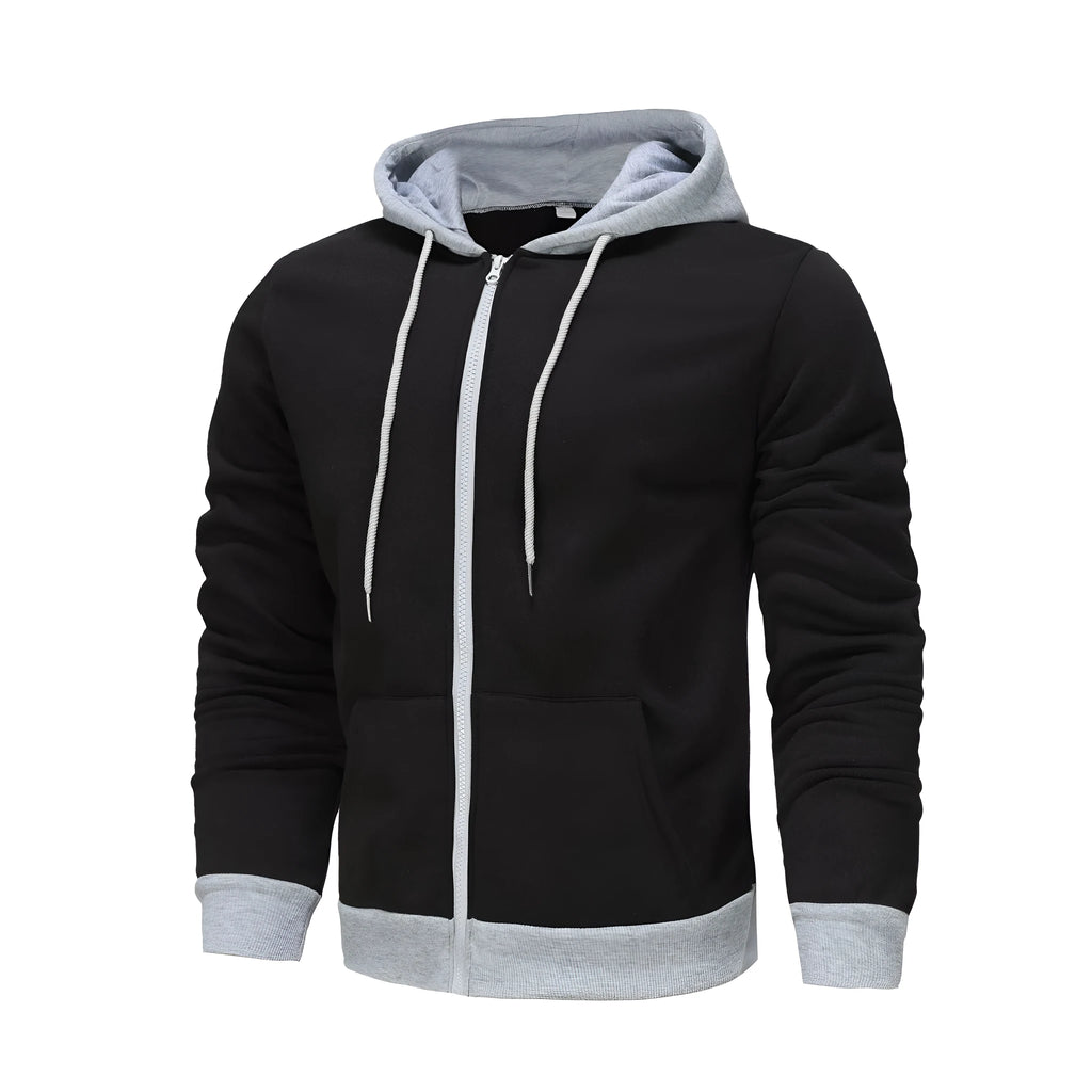 Men's black wool-lined zipper cardigan hoodie with hood and size patch pocket on light gray background