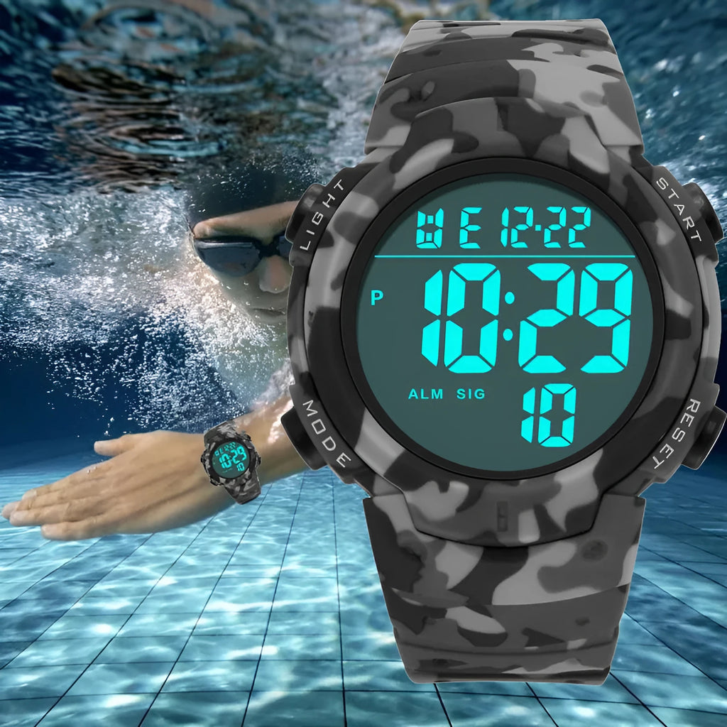 Multi functional waterproof sports electronic watch with 47.42mm dial and plastic band in black camouflage