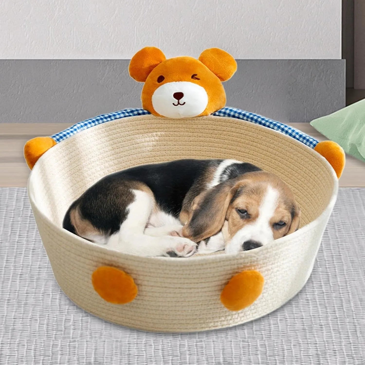 Woven cotton rope cat bed and scratching board basket shown in a home setting.