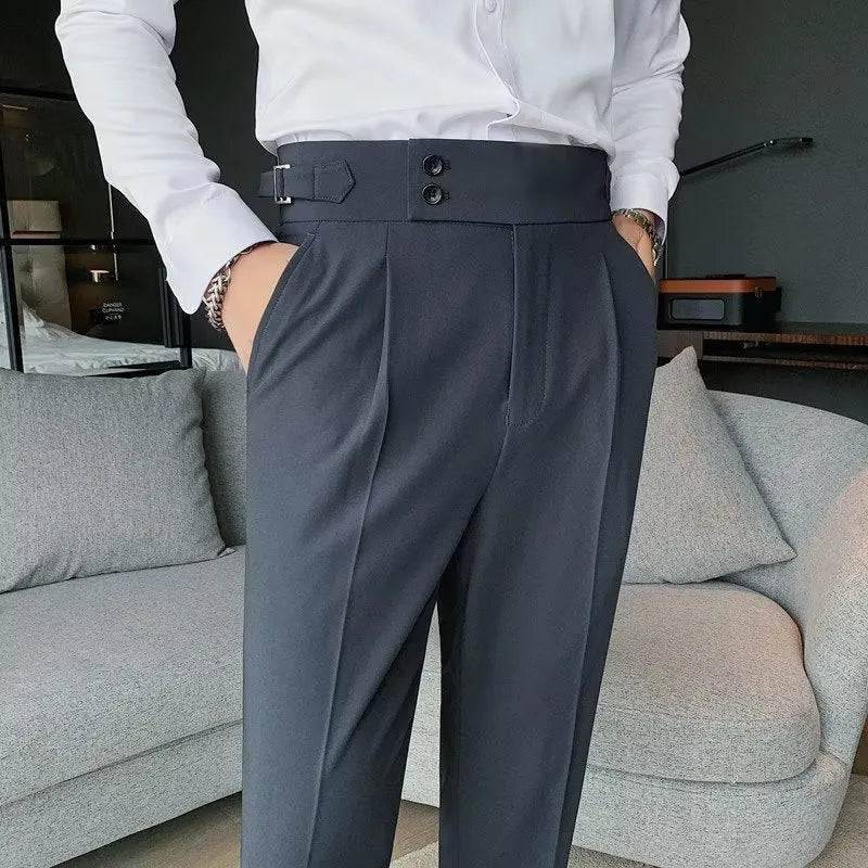 Autumn retro high waist straight casual trousers in black, cotton blend fabric, women's straight leg pants