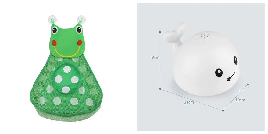 White and blue electric whale bath toy spraying water with lights on a base.