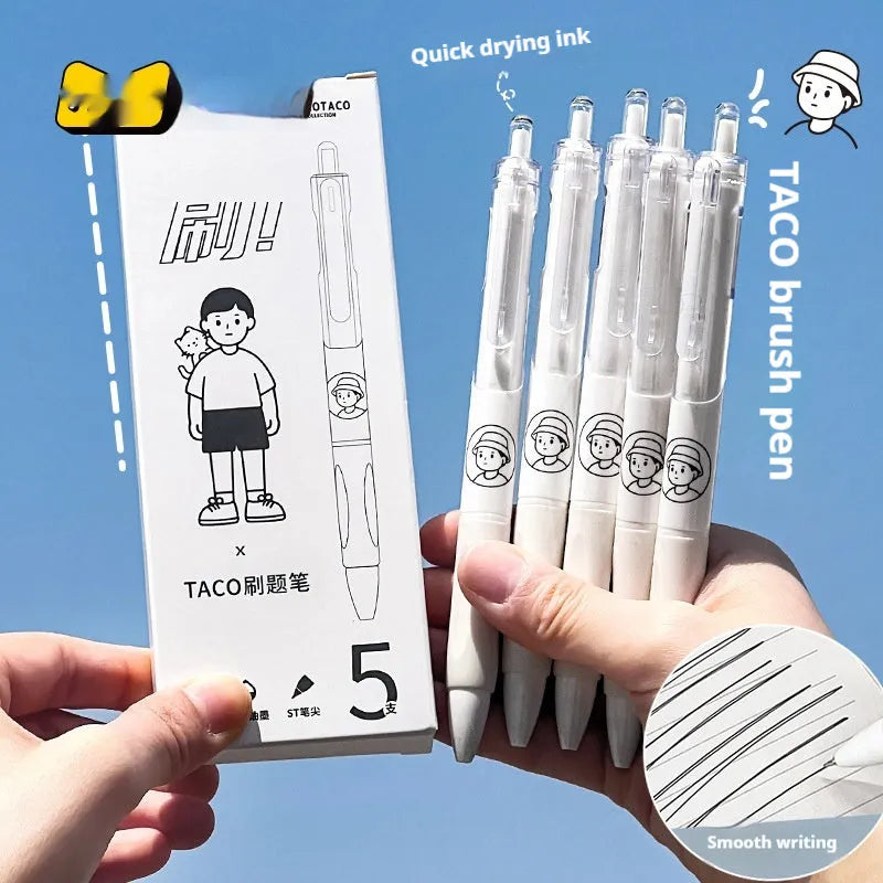 Five white Taco ballpoint pens with 0.5mm black ink refills
