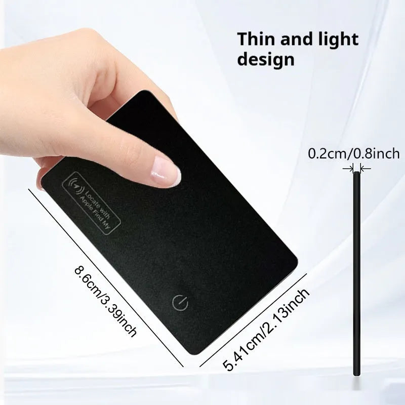 Ultra-thin black leather anti-loss alarm card measuring 86x54x3mm on a flat surface