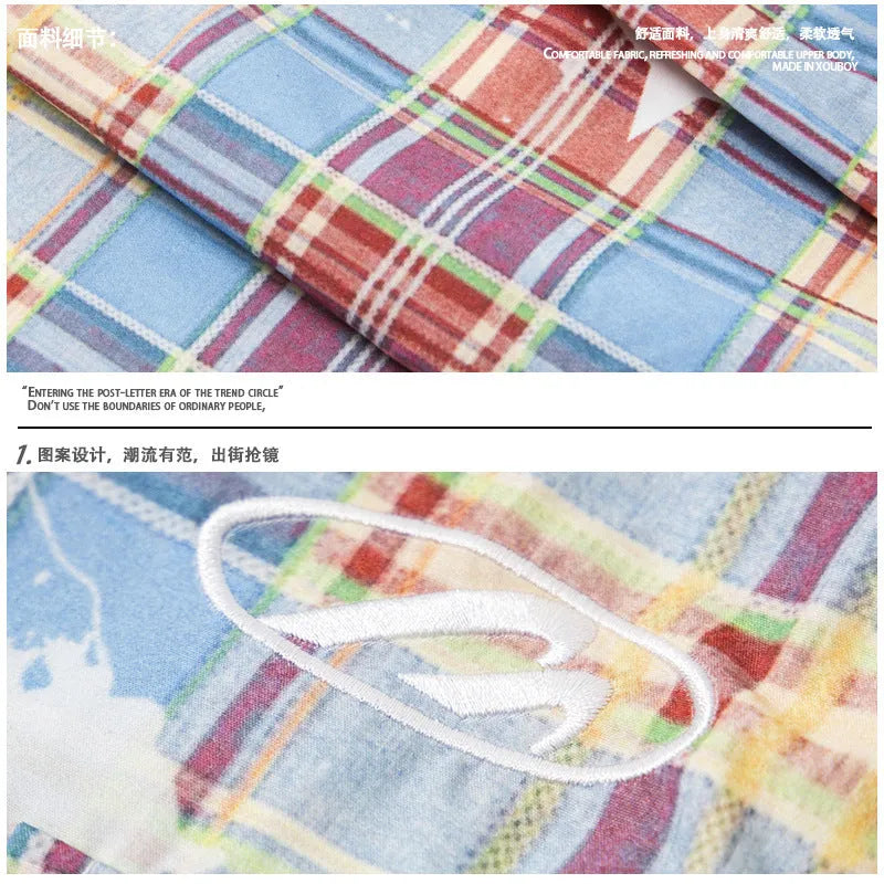 Men's retro plaid loose straight casual pants in blue colour, polyester fabric, mid-waist design