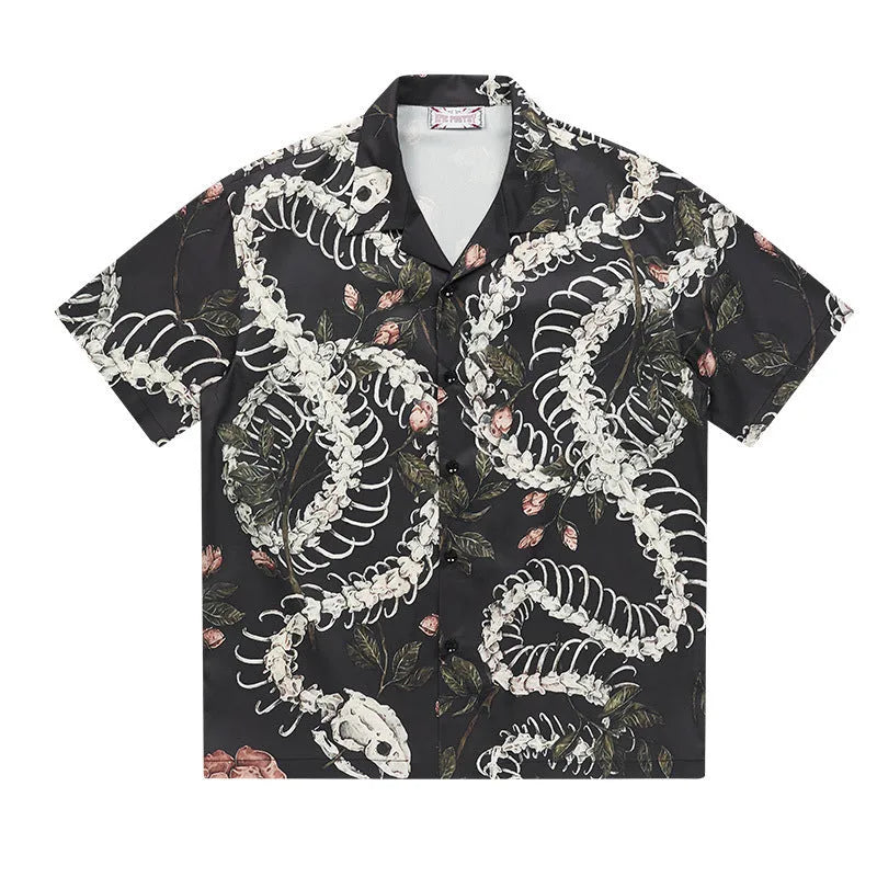 Short sleeve Cuban collar shirt with original snake bone and floral pattern print in a loose fit.