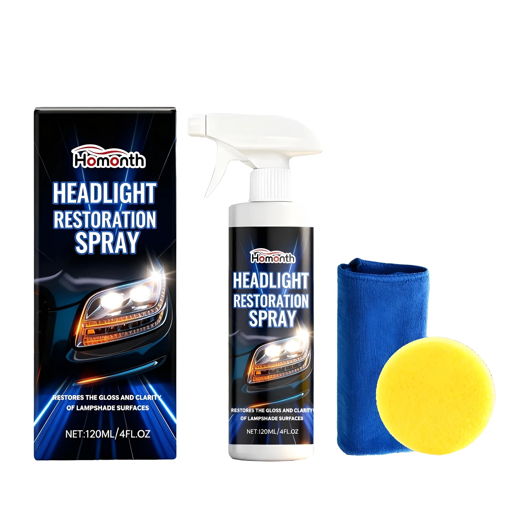 HOMONTH headlight restoration spray kit with 120ml bottle, sponge, and microfibre towel