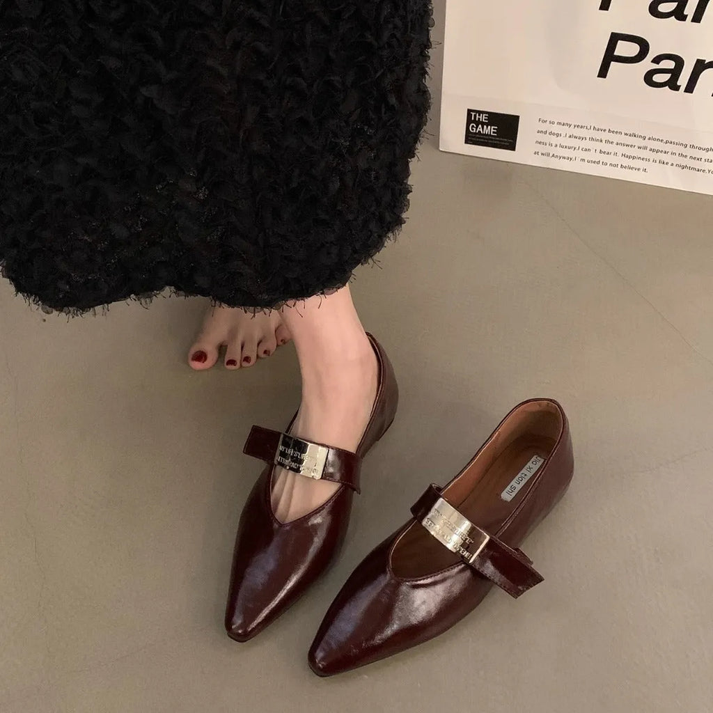 Women's pointed toe silver Mary Jane shoes with low heel, buckle closure, in black or wine red, sizes 35-40