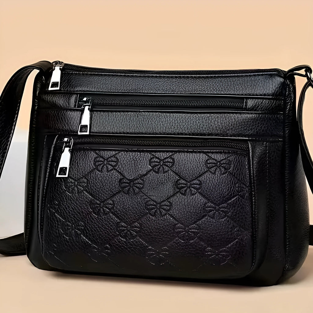 Butterfly black PU horizontal square crossbody bag with sewing thread details and slit pocket