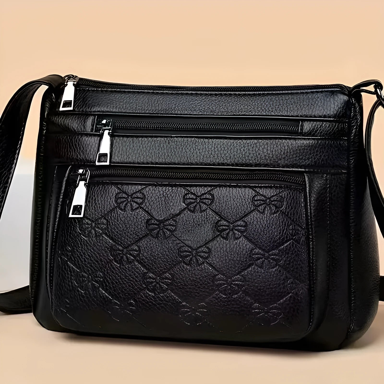 Butterfly black PU horizontal square crossbody bag with sewing thread details and slit pocket