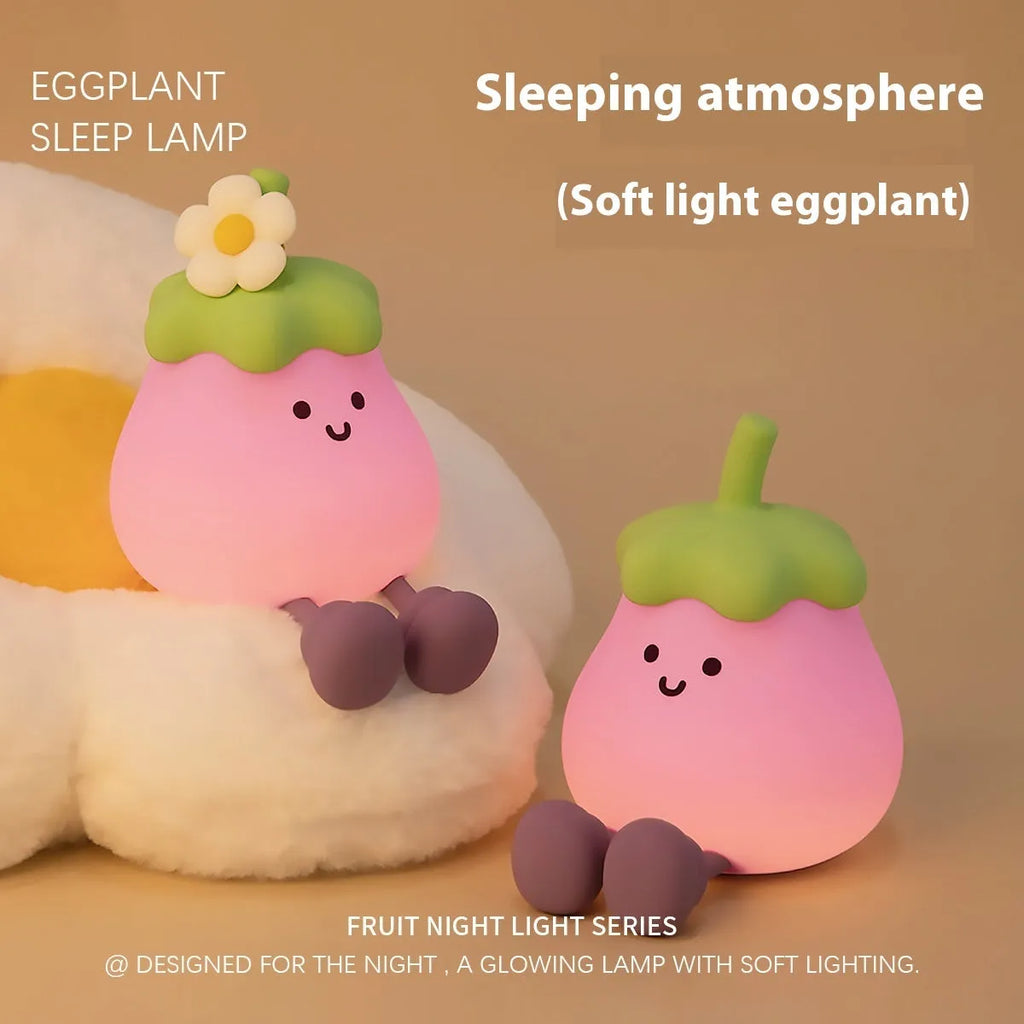 Cartoon eggplant small night lamp with soft yellow light, rechargeable 1200mAh battery, 100x138x130mm size