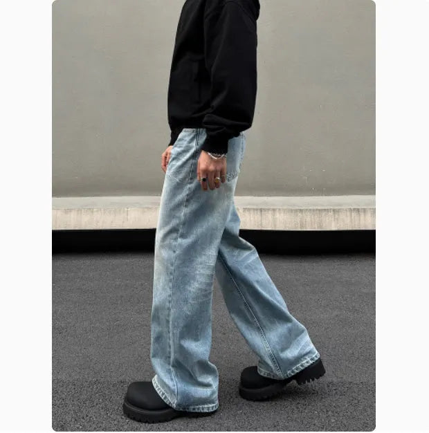 Men's retro blue whisker washed straight jeans with medium-high waist and visible stitching