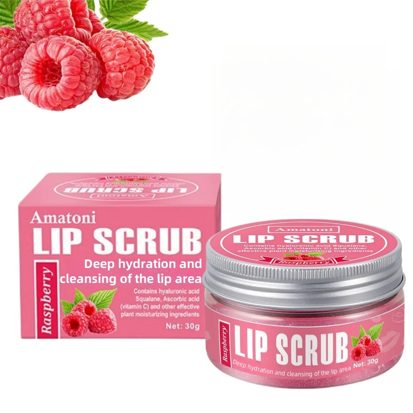 Amatoni Lip Scrub jar in one of four flavours: Coconut, Raspberry, Vanilla, or Watermelon, 30g net weight.