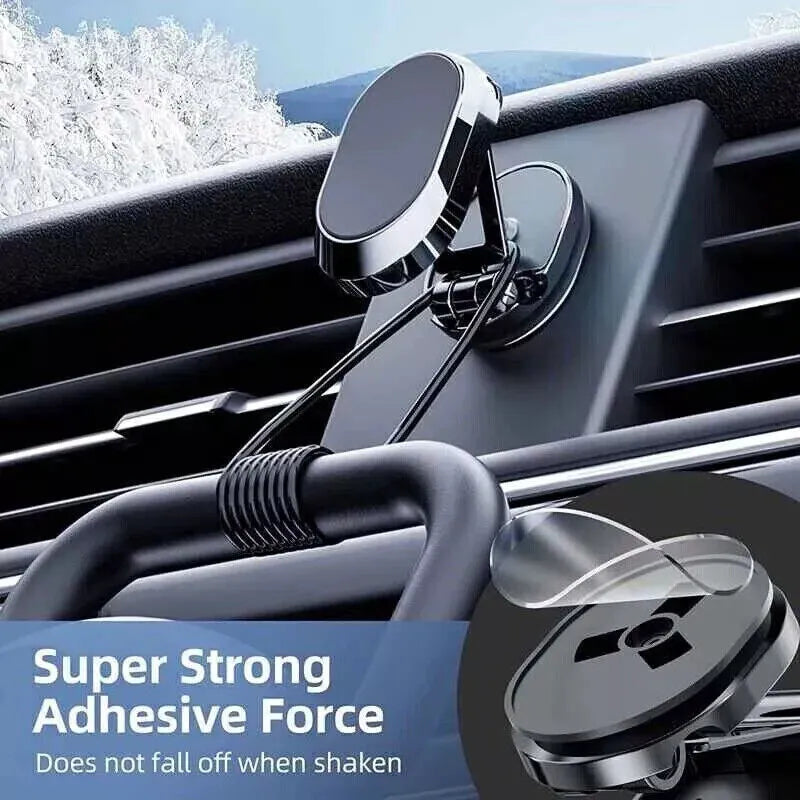 Stainless steel magnetic car phone holder showing folded and extended positions