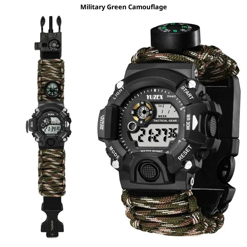 Multifunctional outdoor survival bracelet watch with black parachute cord strap compass whistle and firestone
