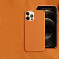 Genuine leather iPhone protective case in beige colour, showing minimalist half-frame design on an iPhone model.