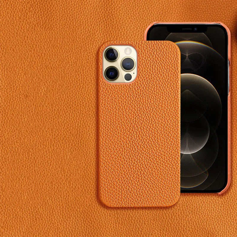 Genuine leather iPhone protective case in beige colour, showing minimalist half-frame design on an iPhone model.
