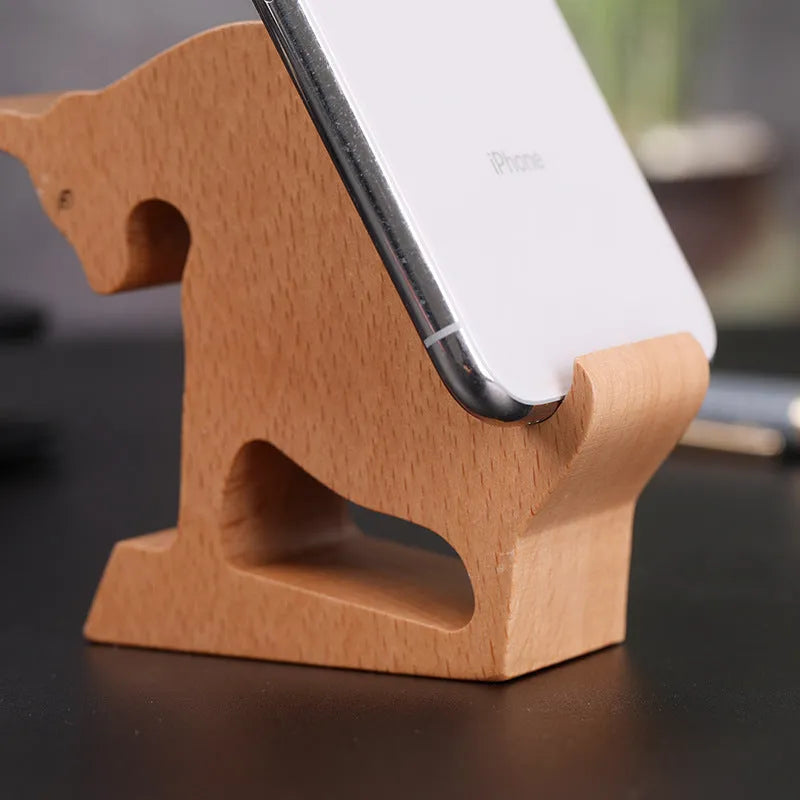 Beech wood mobile phone holder with resin animal design and coin slot