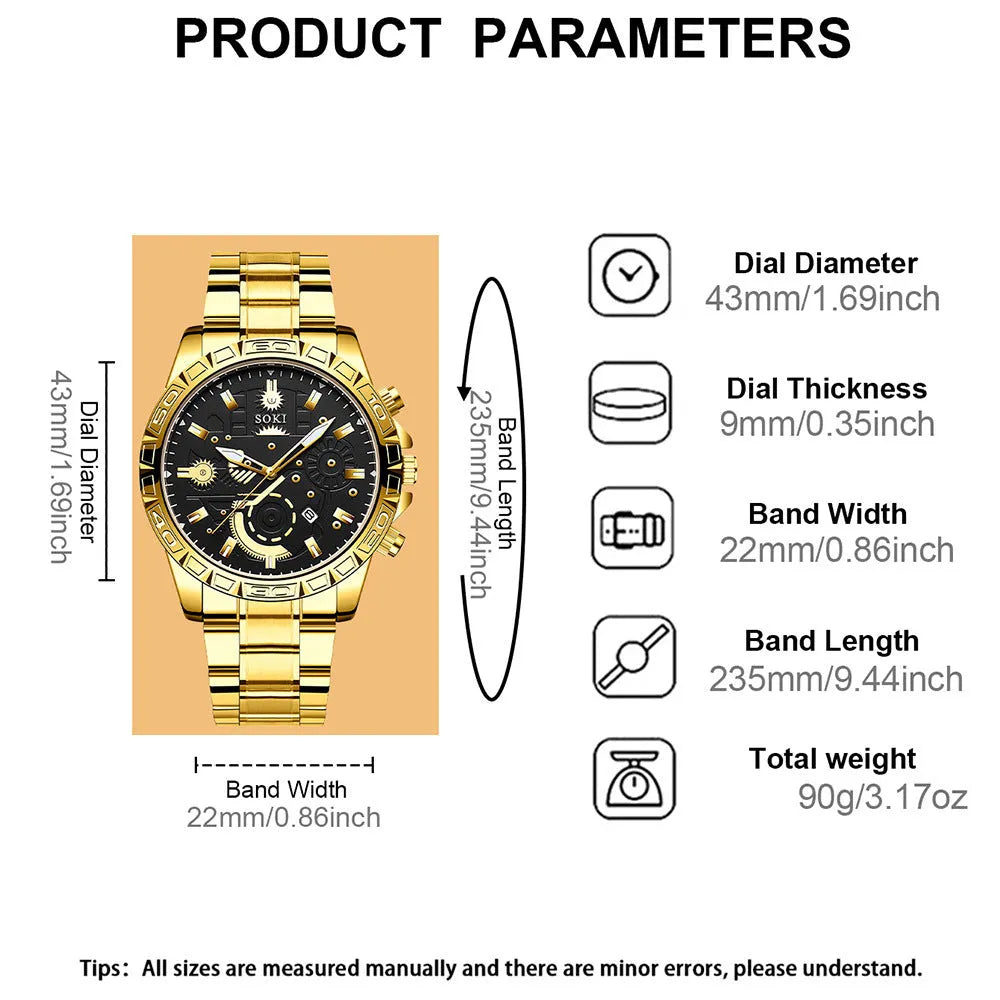 Gold-coloured men's business watch with stainless steel strap and calendar display