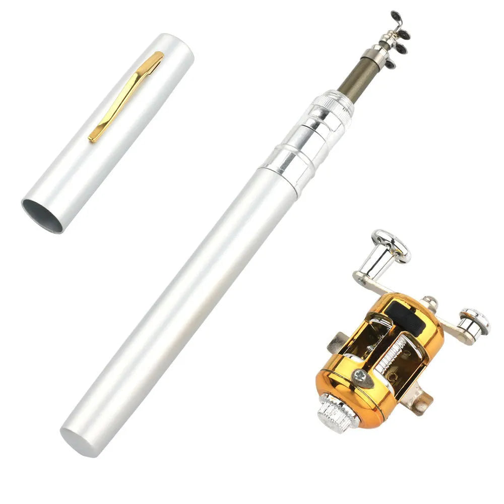 Gold telescopic pocket fishing rod extended next to its ST5RL reel and collapsed in its aluminium pen case.