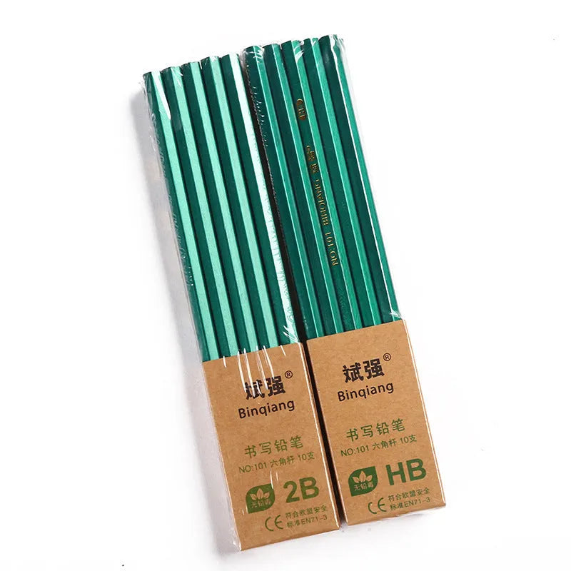 Green hexagonal wooden drawing pencils showing HB and 2B markings in a 10-pack set