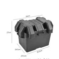 Large black PP plastic battery storage box with strap and base screw fixing, external dimensions 44x24.5x27cm