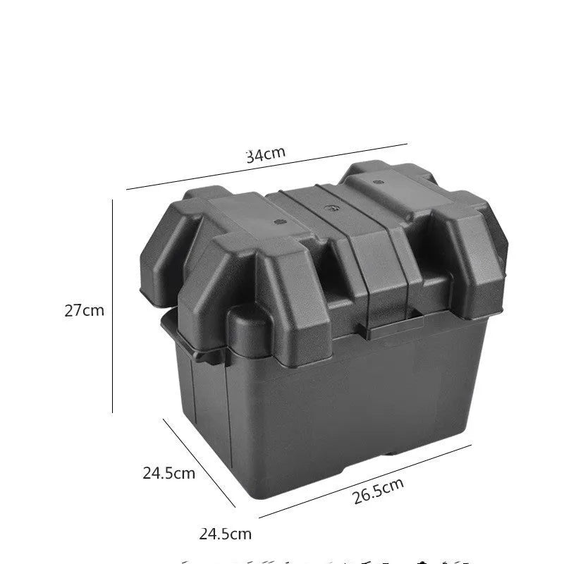 Large black PP plastic battery storage box with strap and base screw fixing, external dimensions 44x24.5x27cm