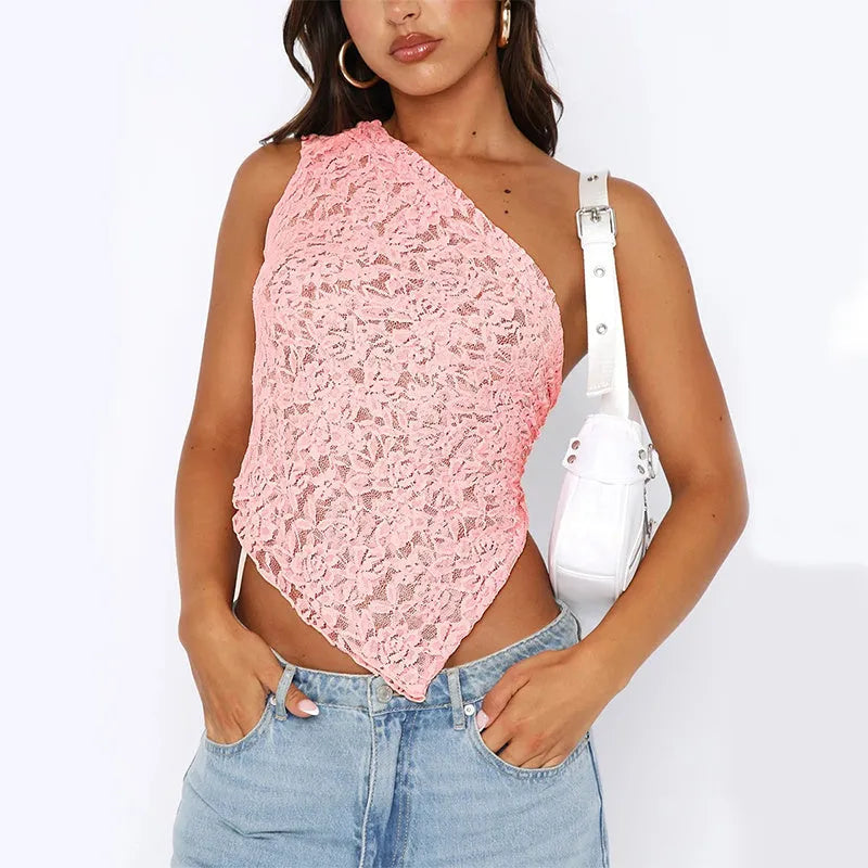 Women's apricot backless sleeveless top with lace trim and asymmetrical sloped neckline.