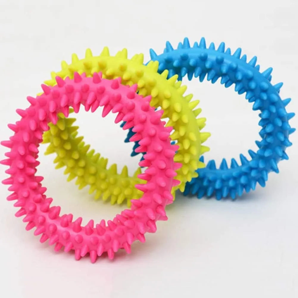 Spiky TPR circle ring dog chew toy in blue for teeth cleaning and bite training