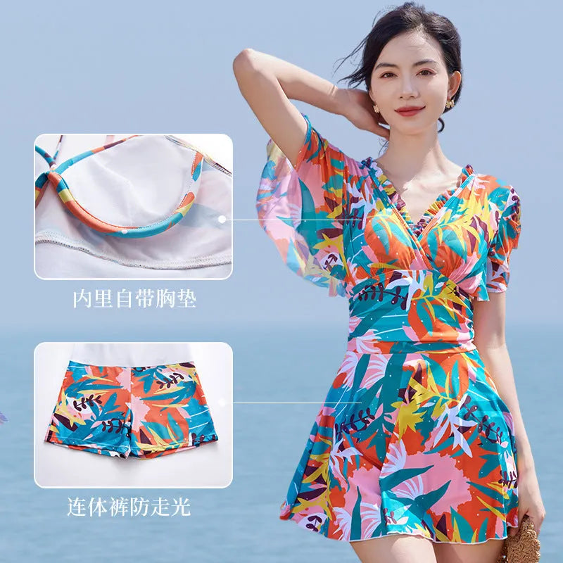 Women's colourful printed one-piece polyester swimsuit with full belly coverage, Asian sizing M-3XL