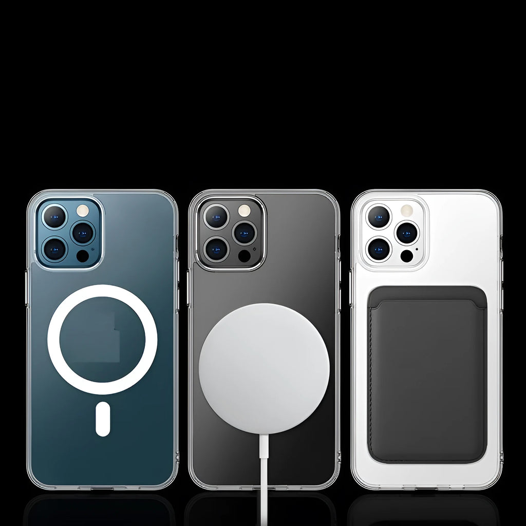 Transparent magnetic phone case for iPhone showing clear back and magnetic ring
