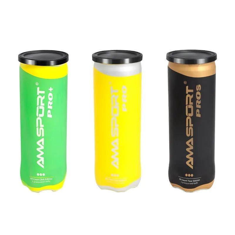 Set of three high elasticity cage plate tennis training balls in black, green, and yellow