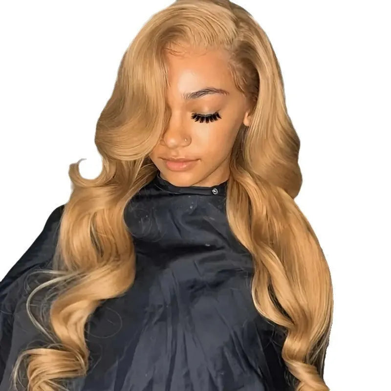 Long big wave wig in light brown with side bangs made from high temperature fibre