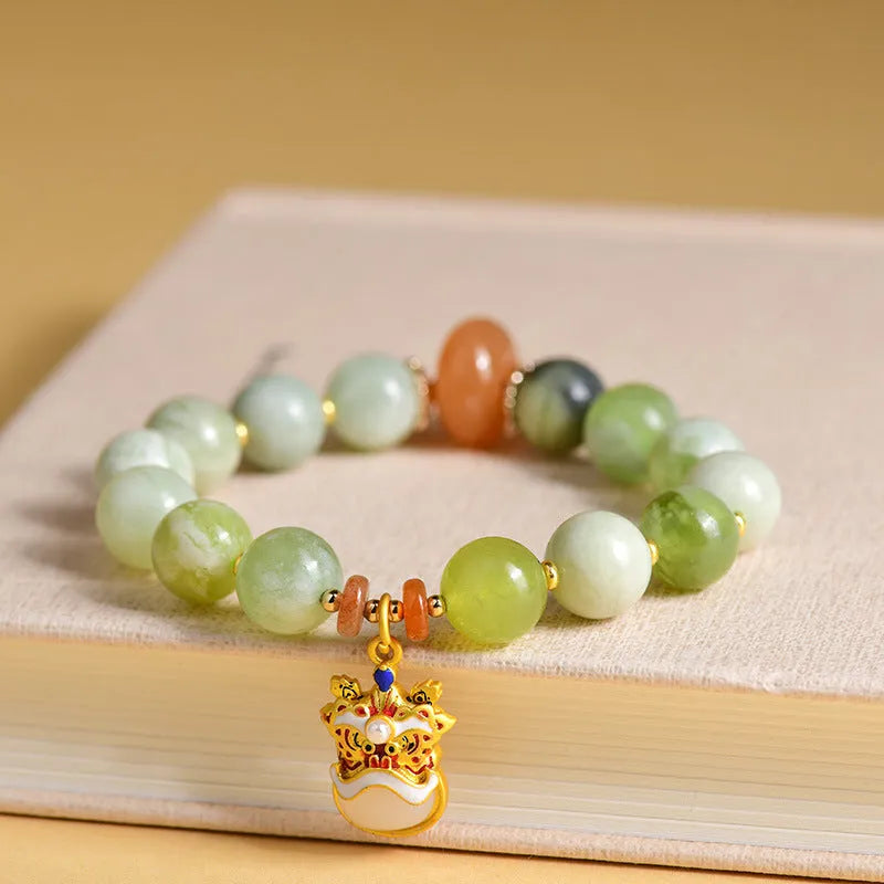 Handmade green milk-in-water jade retro geometry bracelet 10mm beads women's jewellery