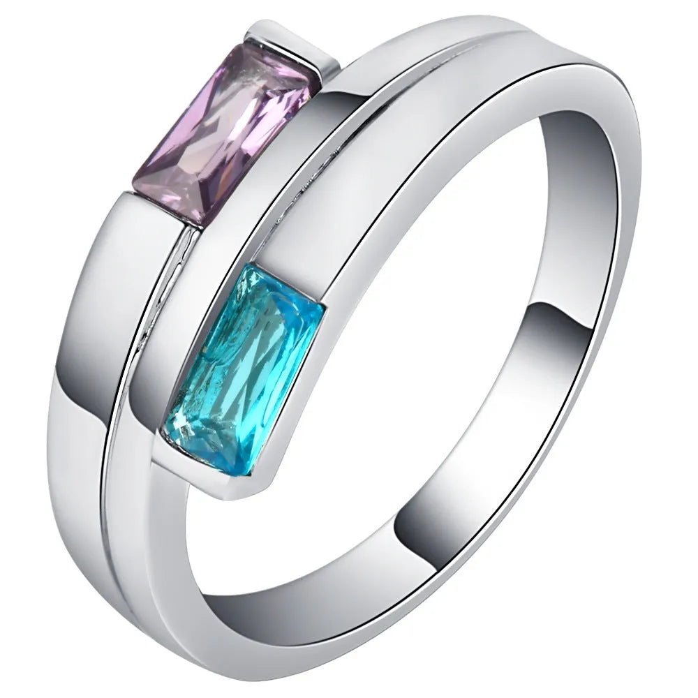 Copper ring with electroplated silver finish and zircon detailing in European-American style